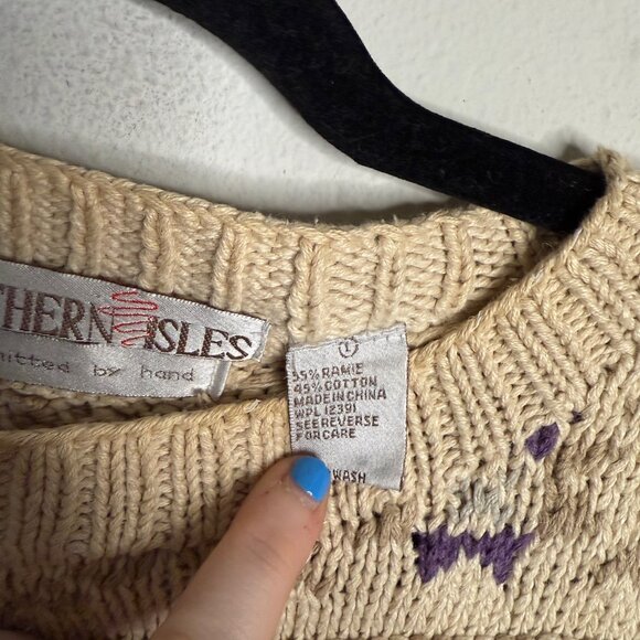 Northern Isles Women's Large Cream Blue Chunky Knit Crewneck Pullover Sweater - Picture 4 of 4